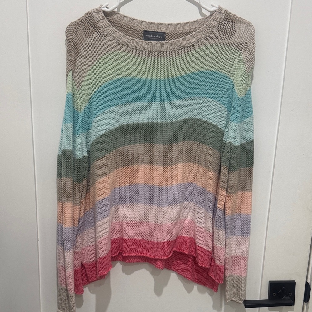 Wooden Ships Pastel Multistripe Crewneck Sweater — Pink, Blue & Mint